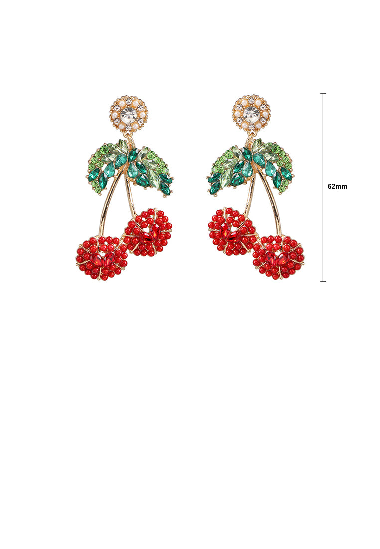Fashion Sweet Plated Gold Cherry Stud Earrings with Red Cubic Zirconia - Luxurious Look - Vibrant Color