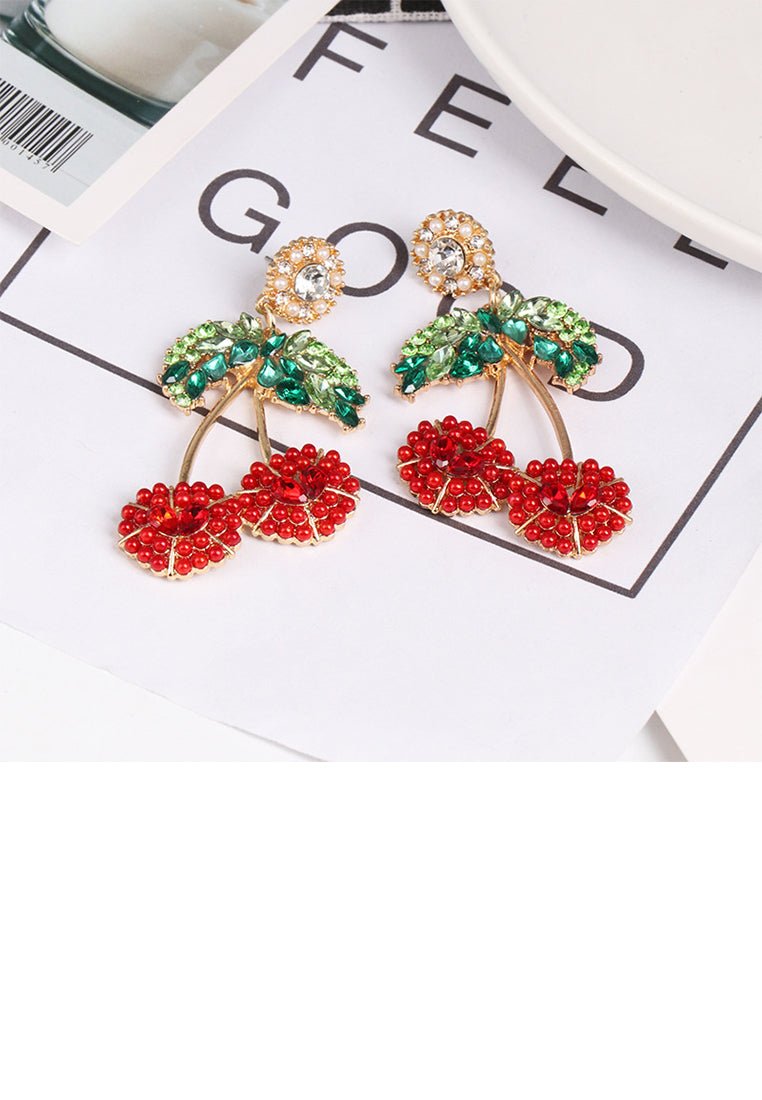 Fashion Sweet Plated Gold Cherry Stud Earrings with Red Cubic Zirconia - Luxurious Look - Vibrant Color