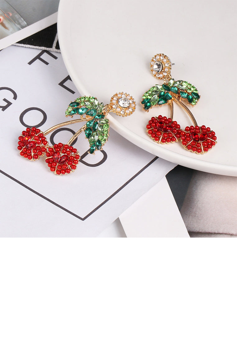 Fashion Sweet Plated Gold Cherry Stud Earrings with Red Cubic Zirconia - Luxurious Look - Vibrant Color