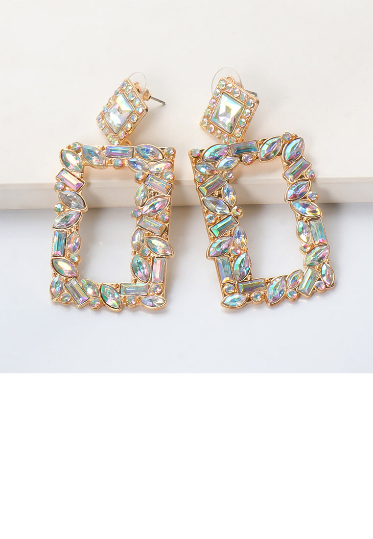 Fashion and Simple Plated Gold Hollow Rectangular Earrings with Colored Cubic Zirconia - Luxurious Look