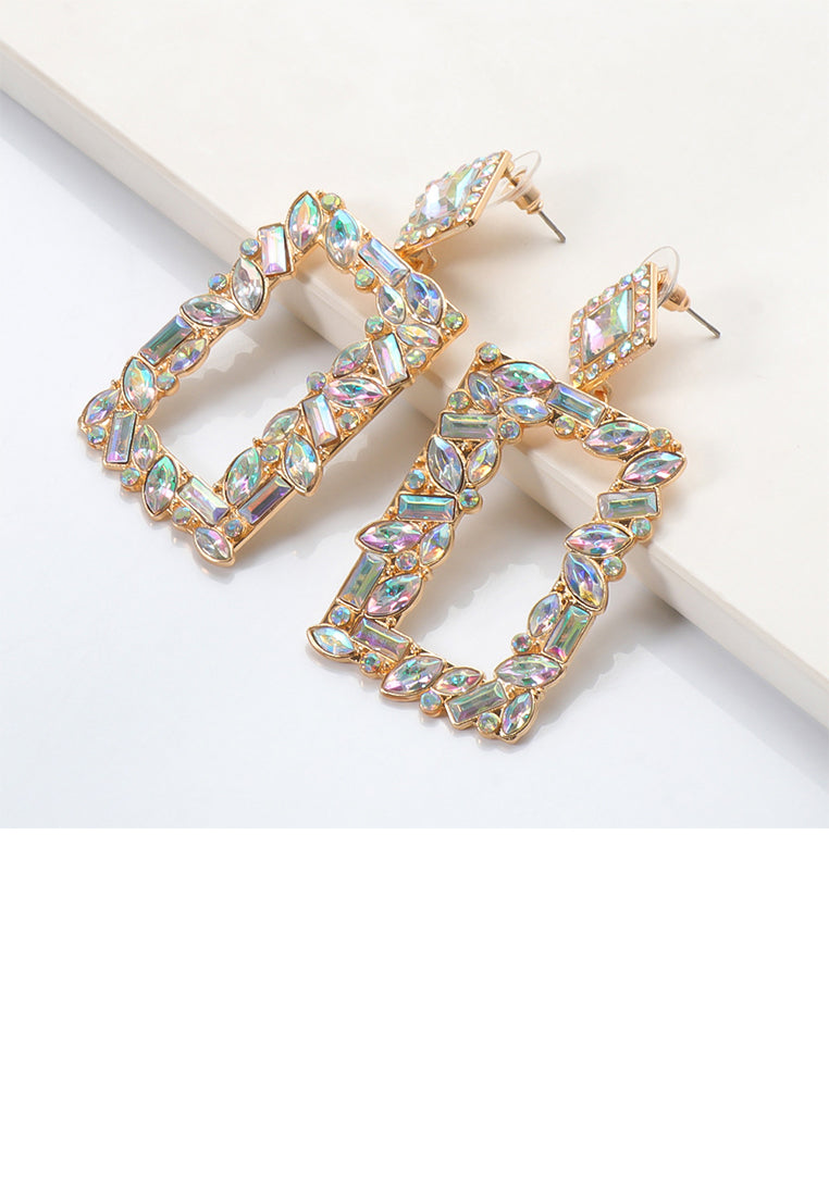 Fashion and Simple Plated Gold Hollow Rectangular Earrings with Colored Cubic Zirconia - Luxurious Look