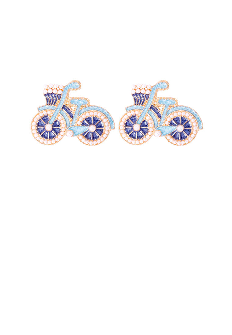 Fashion and Creative Plated Gold Enamel Blue Bicycle Stud Earrings with Imitation Pearls