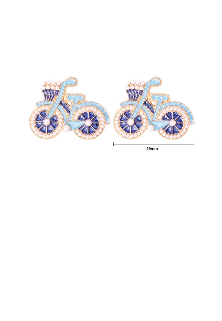 Fashion and Creative Plated Gold Enamel Blue Bicycle Stud Earrings with Imitation Pearls