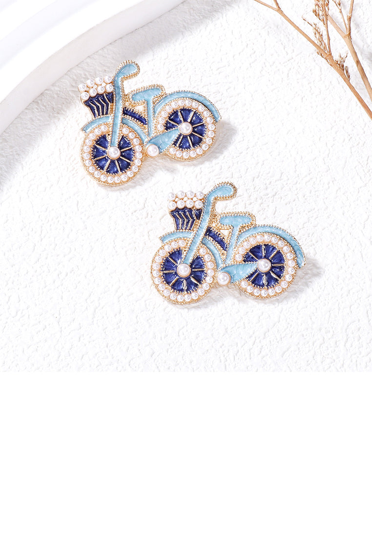 Fashion and Creative Plated Gold Enamel Blue Bicycle Stud Earrings with Imitation Pearls