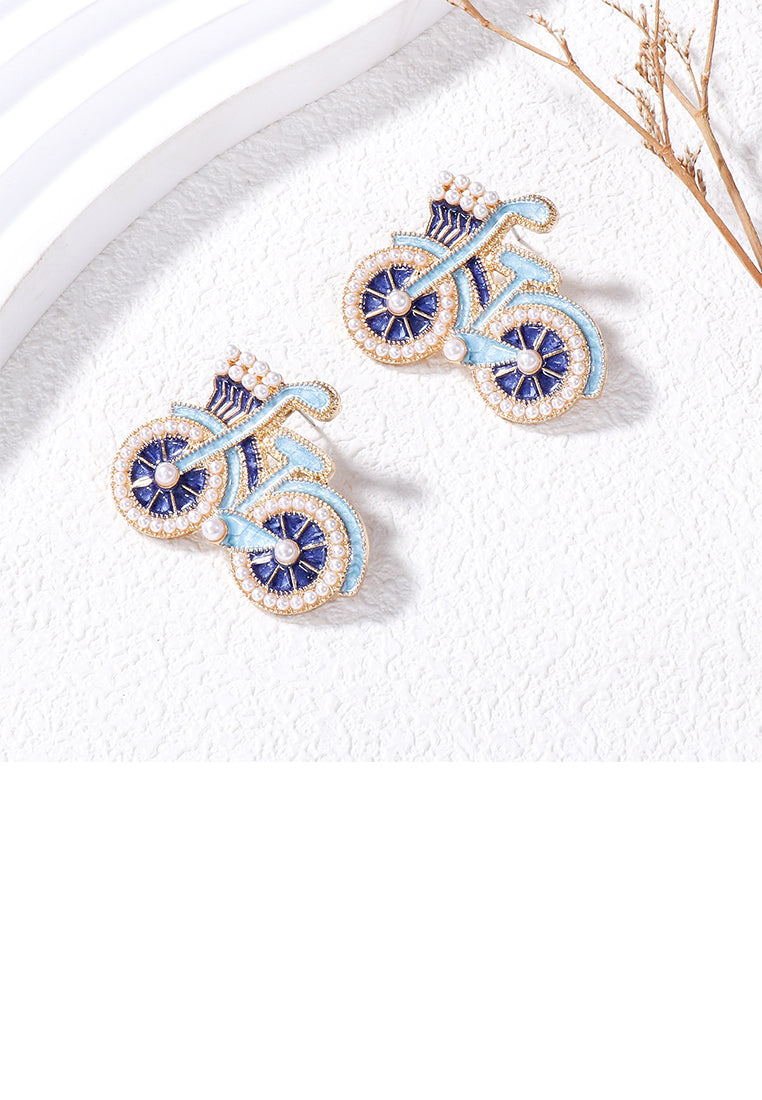 Fashion and Creative Plated Gold Enamel Blue Bicycle Stud Earrings with Imitation Pearls