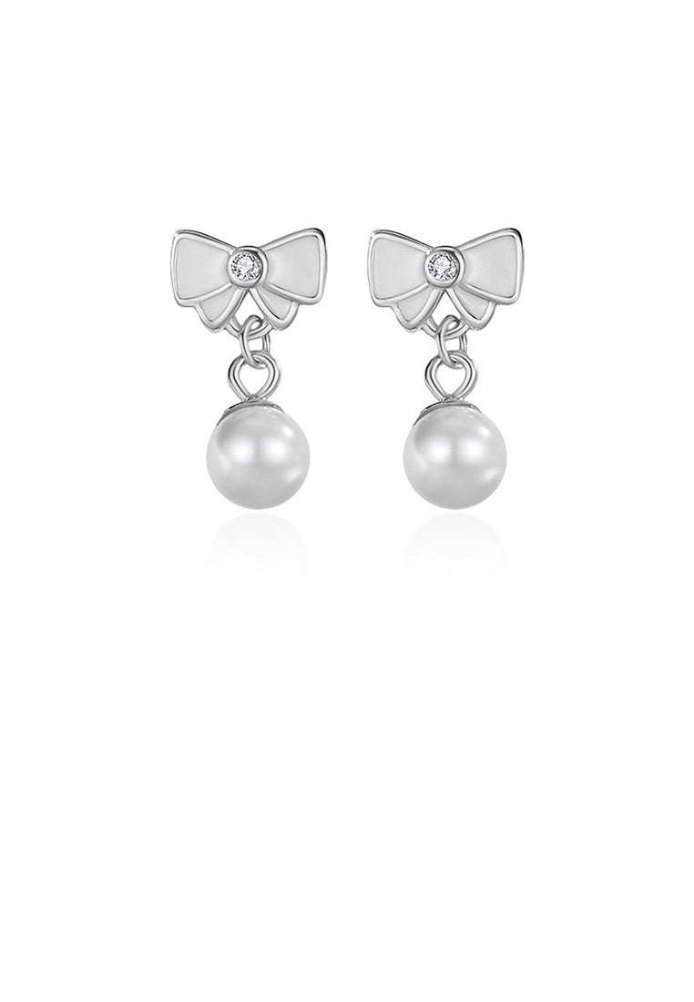 925 Sterling Silver Simple Sweet Ribbon Imitation Pearl Earrings with Cubic Zirconia - Luxurious Look