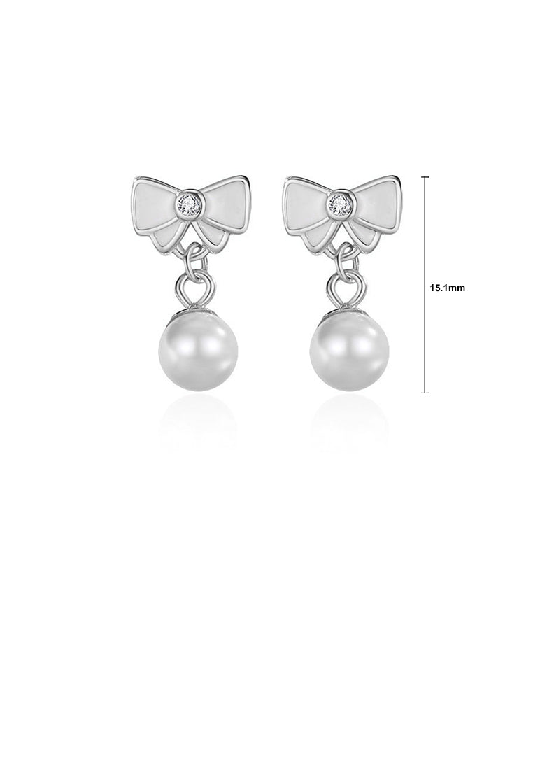 925 Sterling Silver Simple Sweet Ribbon Imitation Pearl Earrings with Cubic Zirconia - Luxurious Look