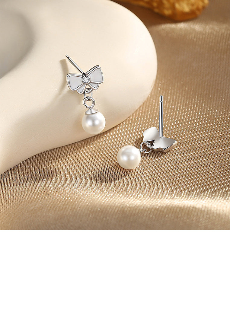 925 Sterling Silver Simple Sweet Ribbon Imitation Pearl Earrings with Cubic Zirconia - Luxurious Look