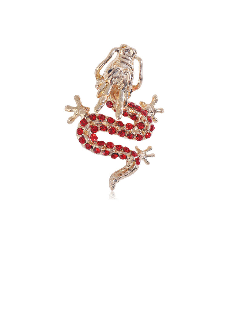 Fashion Personality Plated Gold Twelve Zodiac Chinese Dragon Brooch with Red Cubic Zirconia - Luxurious Look - Vibrant Color