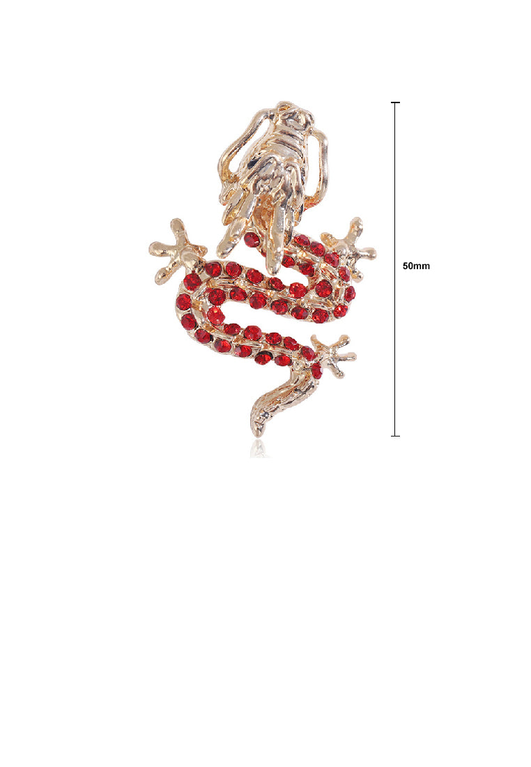 Fashion Personality Plated Gold Twelve Zodiac Chinese Dragon Brooch with Red Cubic Zirconia - Luxurious Look - Vibrant Color