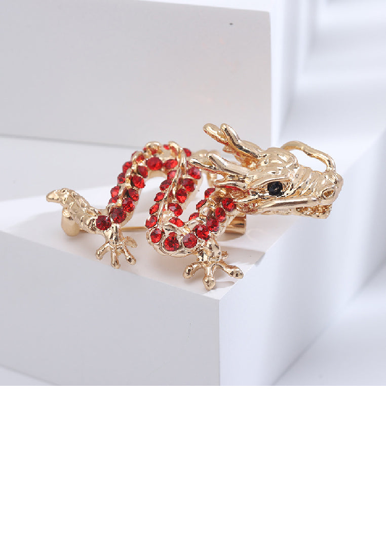 Fashion Personality Plated Gold Twelve Zodiac Chinese Dragon Brooch with Red Cubic Zirconia - Luxurious Look - Vibrant Color