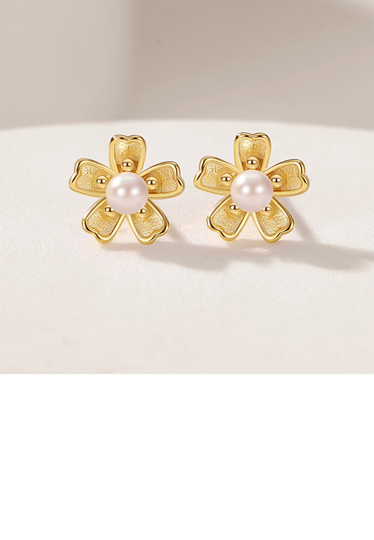 925 Sterling Silver Plated Gold Fashion Simple Cherry Blossom Imitation Pearl Stud Earrings - Luxurious Look
