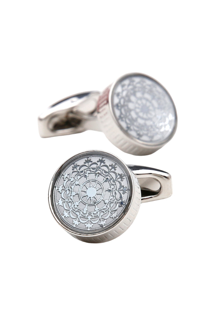 Pair Of Round Exquisite Pattern Silver Simple French Men's Cufflinks Accessories