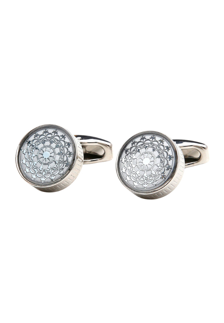 Pair Of Round Exquisite Pattern Silver Simple French Men's Cufflinks Accessories