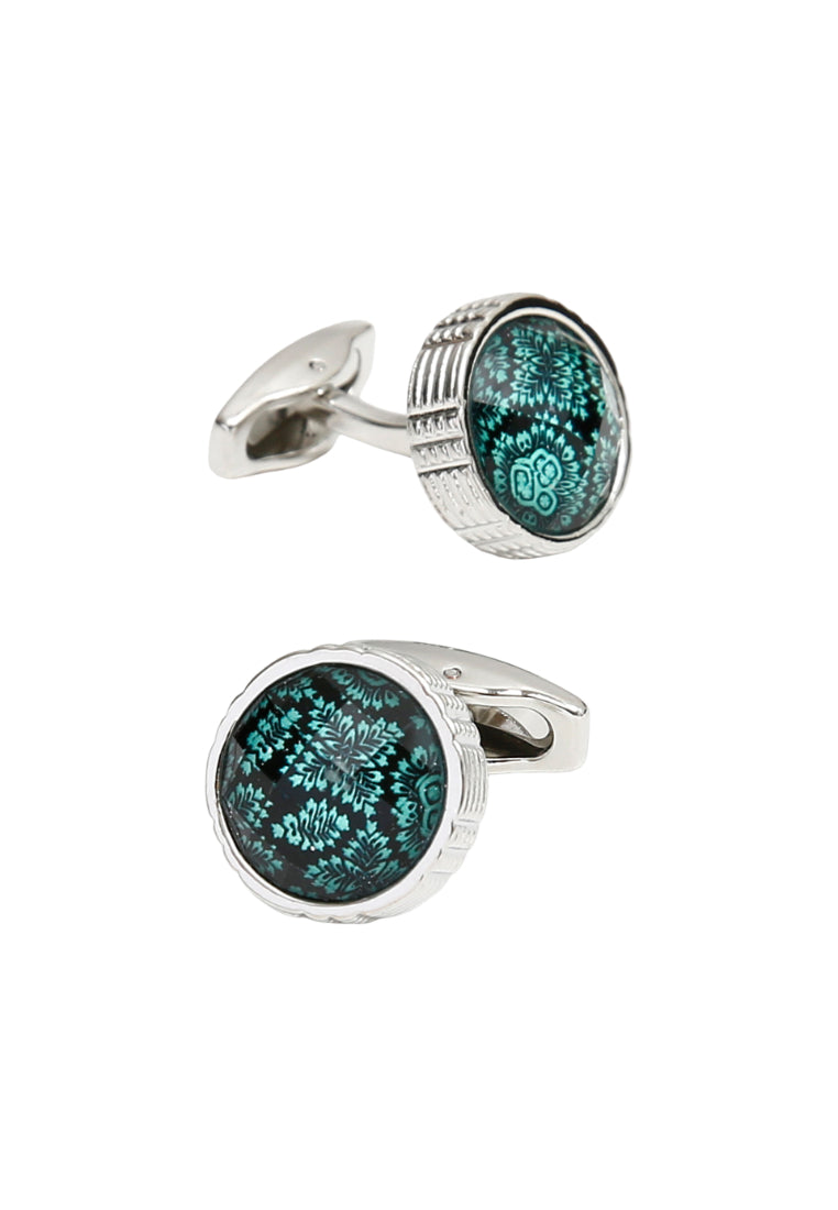 Cufflinks Simple French Green Pattern Round Silver Men's Jewelry Pair