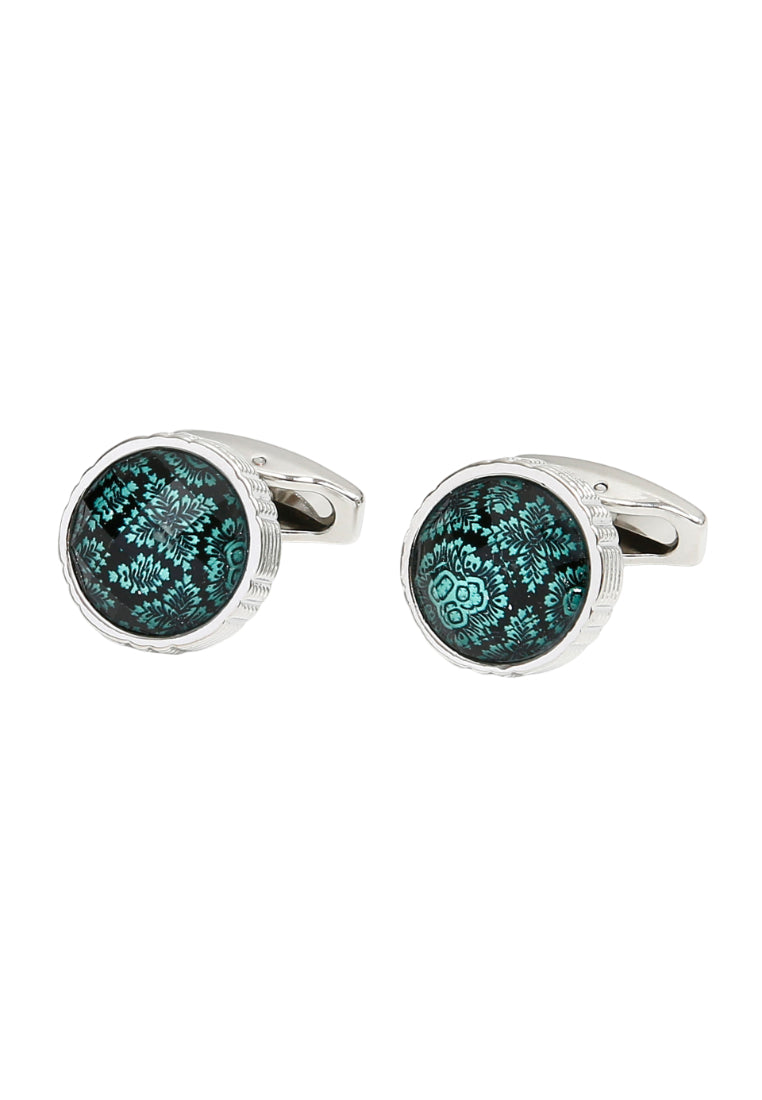 Cufflinks Simple French Green Pattern Round Silver Men's Jewelry Pair