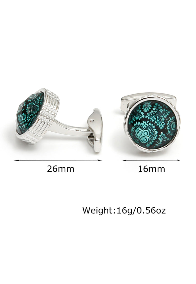 Cufflinks Simple French Green Pattern Round Silver Men's Jewelry Pair