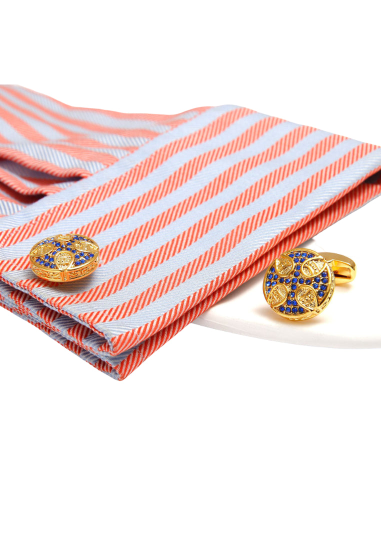 Pair Of Retro Light Luxury Inlaid Blue Zircon Round Gold Copper Men's Cufflinks High Quality Accessories