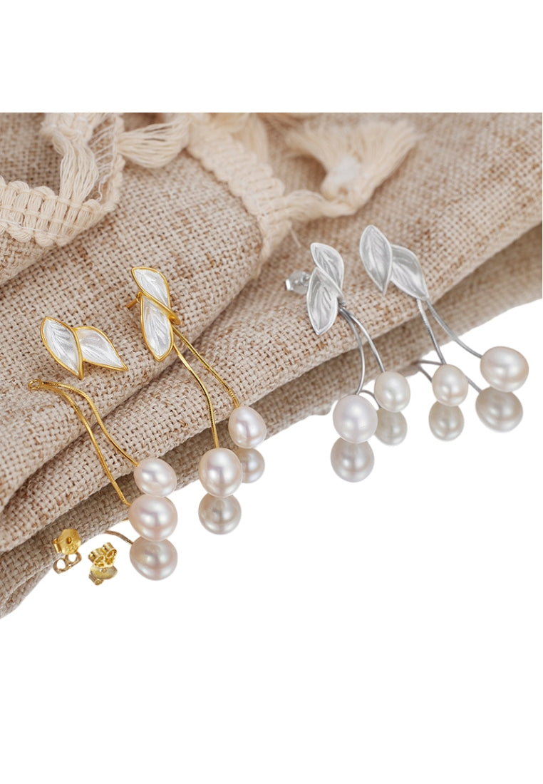 Sterling Silver Leaf Tassel Pearl Drop Earrings, French Styled for Women