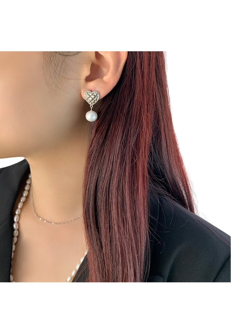 S925 Silver Studs for Women, Baroque Pearl Drops with Fashionable Luxury French Styled Heart Shaped Diamond Earrings