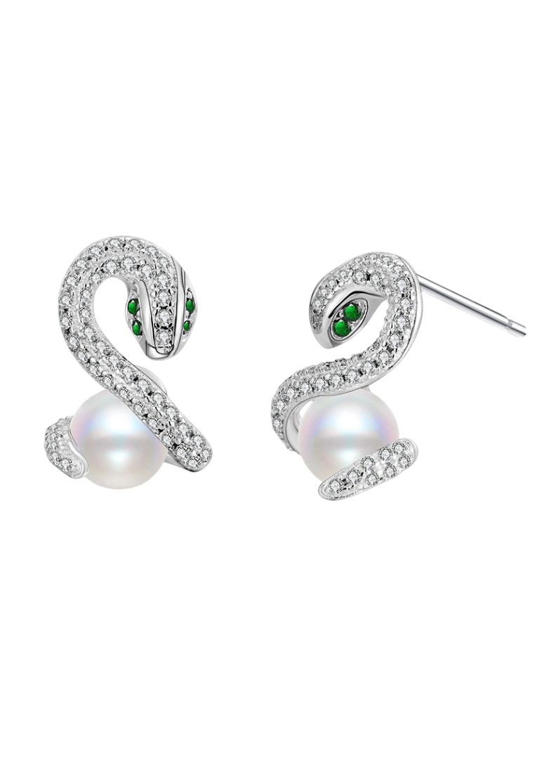 Year of the Snake Inspired Sterling Silver Snake Shell Pearl Stud Earrings, Chinese Style with Unique Design and Cool Aesthetic