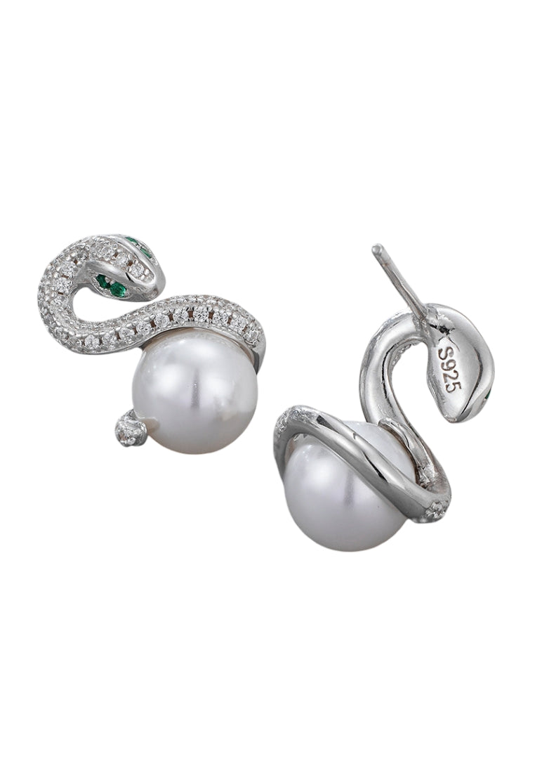 Year of the Snake Inspired Sterling Silver Snake Shell Pearl Stud Earrings, Chinese Style with Unique Design and Cool Aesthetic