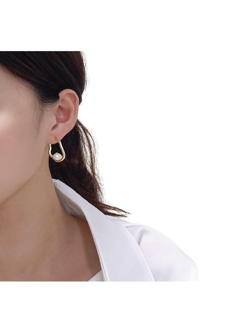 Sterling Silver Baroque Pearl Drop Earrings with Hollow Irregular Geometric Circles, Elegant and Classy