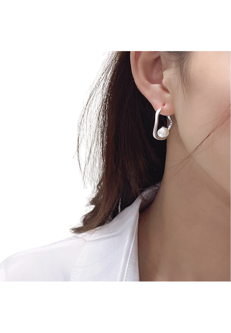 Sterling Silver Baroque Pearl Drop Earrings with Hollow Irregular Geometric Circles, Elegant and Classy