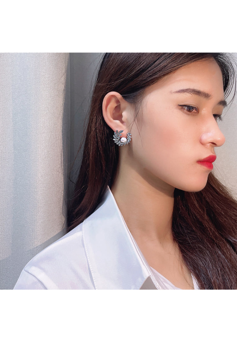 S925 Silver Irregular Baroque Pearl Stud Earrings for Women with Tree Leaves Design and Unique Texture