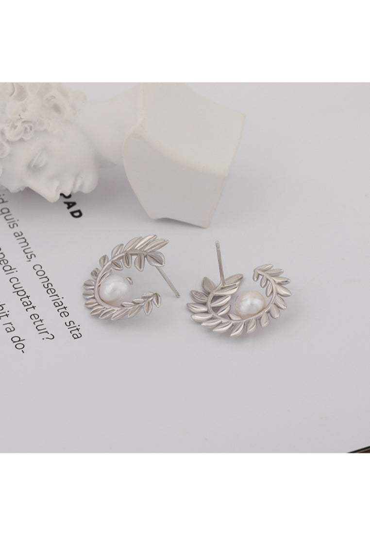 S925 Silver Irregular Baroque Pearl Stud Earrings for Women with Tree Leaves Design and Unique Texture
