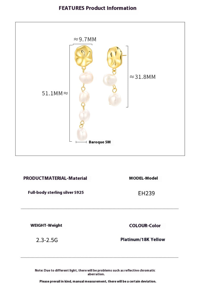 S925 Silver Freshwater Pearl Baroque Stud Earrings with Creative Design, Simple and Fresh Style