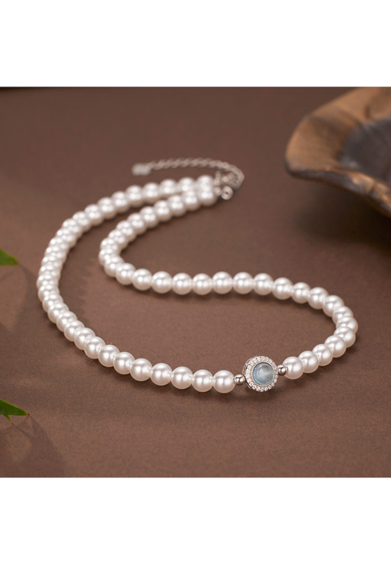 S925 Silver Aquamarine Shell Pearl Necklace