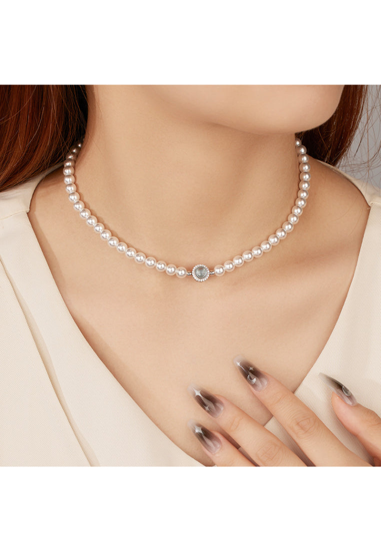 S925 Silver Aquamarine Shell Pearl Necklace