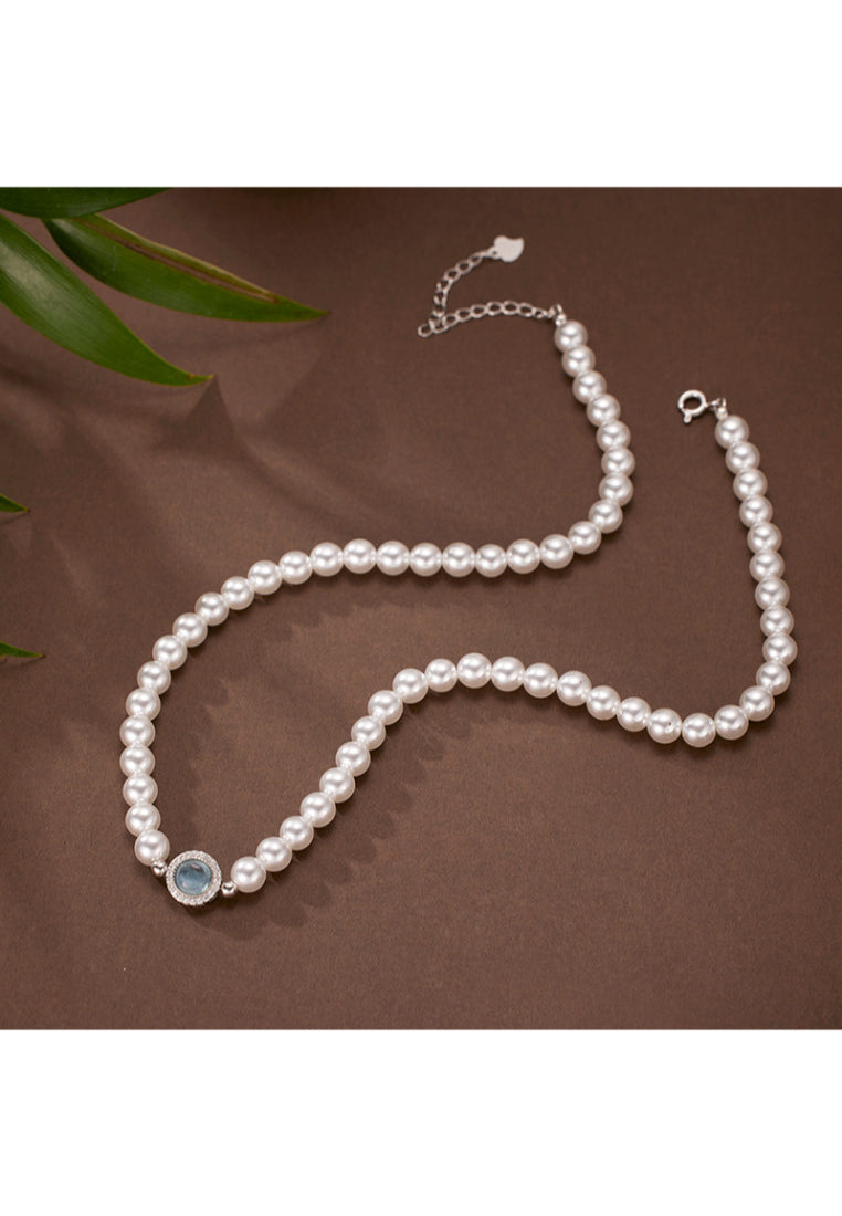 S925 Silver Aquamarine Shell Pearl Necklace