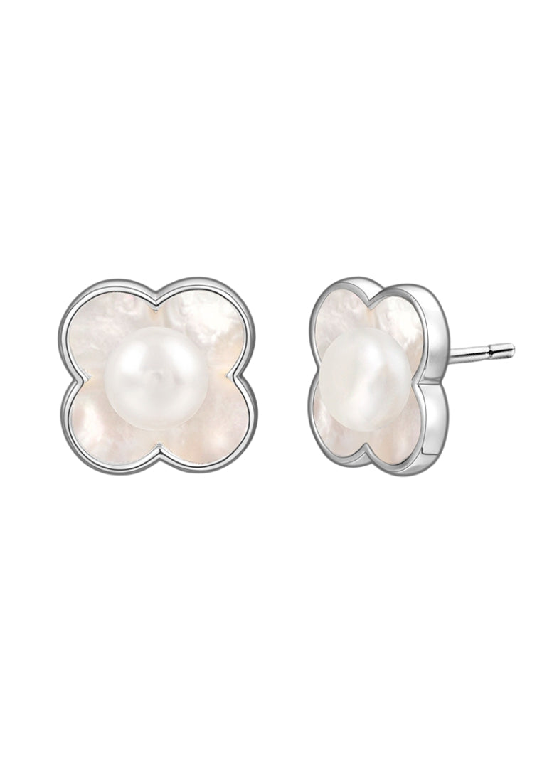 Autumn and Winter Sterling Silver Clover Mother of Pearl Pearl Earrings, Luxurious and Unique Design