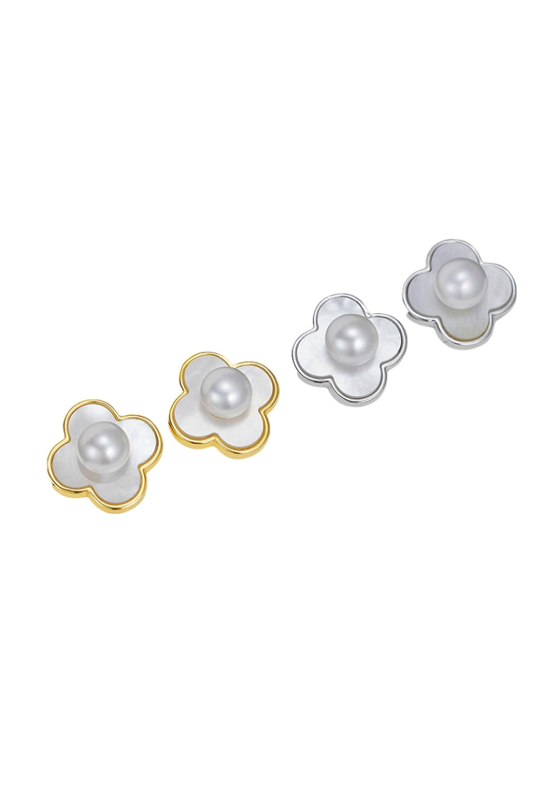 Autumn and Winter Sterling Silver Clover Mother of Pearl Pearl Earrings, Luxurious and Unique Design