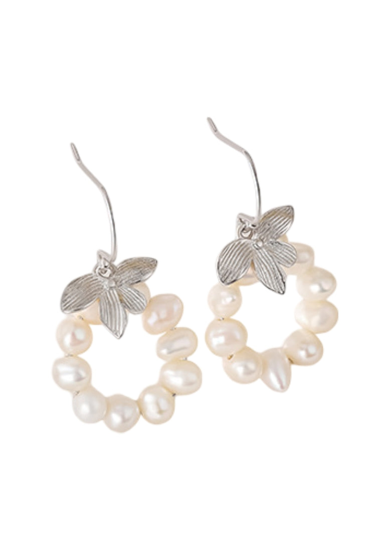 S925 Silver Stud Earrings with French Styled Leaf Shape and Hand Woven Baroque Pearl Drops for Women's Fashion Jewelry