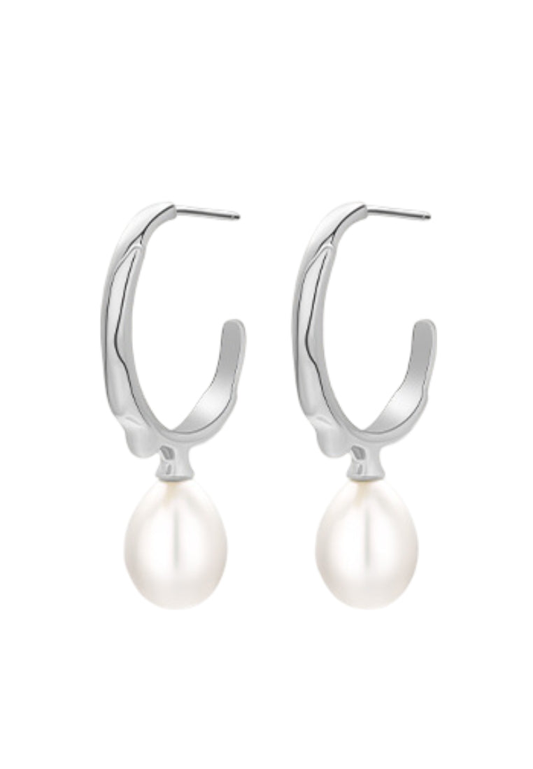 S925 Silver Pearl Stud Earrings with Original Design and Water Wave Texture C Shaped Rice Pearls