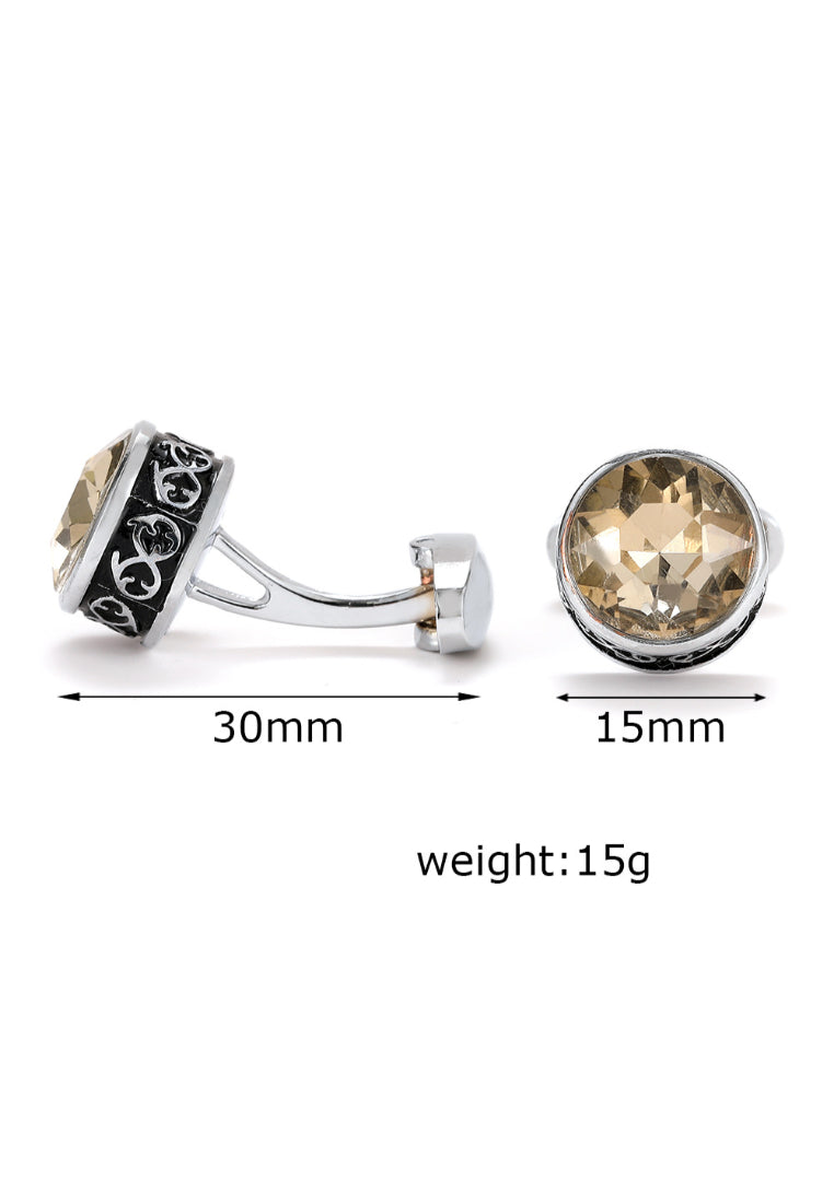 Men's Cufflinks Light Luxury French Round Brown Crystal Silver Shirt Jewelry Pair