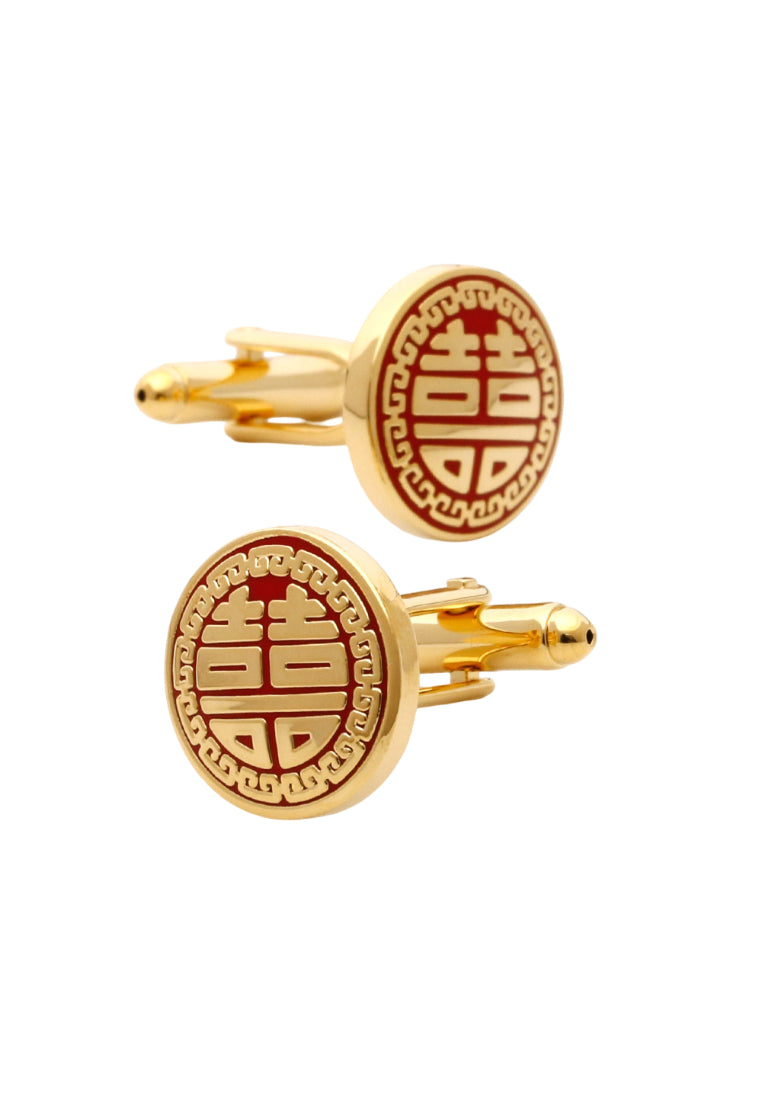 Men's Cufflinks Classic Simple Round Red Bottom Gold Double Happiness Wedding Shirt Accessories Pair