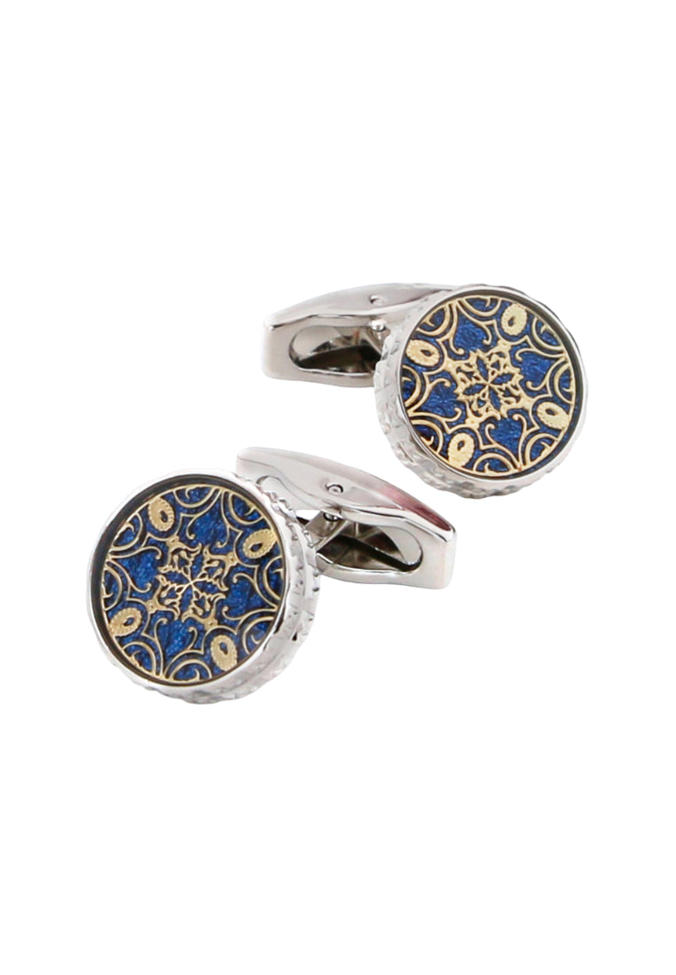 Pair Of Blue Background Gold Pattern Round Men's Cufflinks