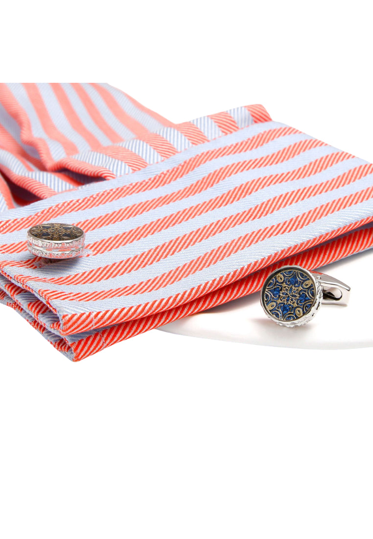 Pair Of Blue Background Gold Pattern Round Men's Cufflinks