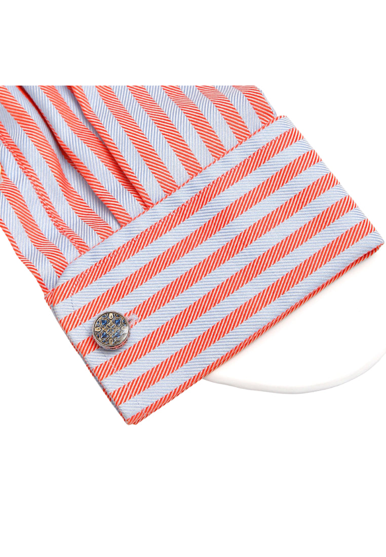 Pair Of Blue Background Gold Pattern Round Men's Cufflinks