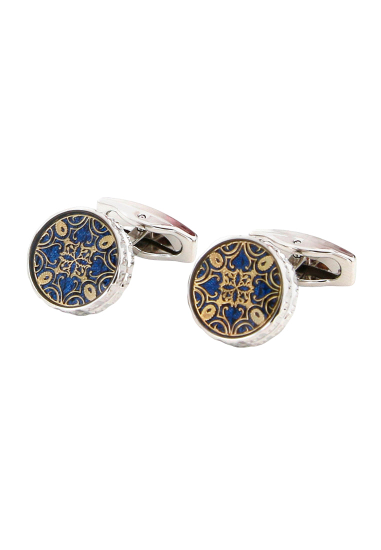 Pair Of Blue Background Gold Pattern Round Men's Cufflinks