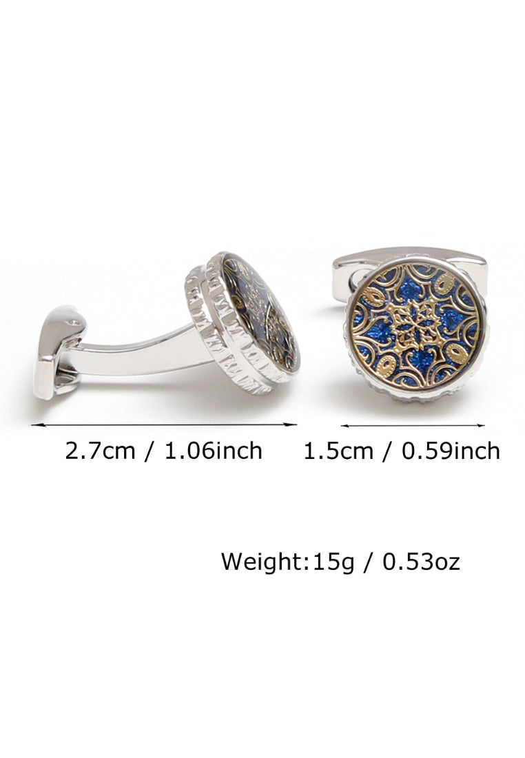 Pair Of Blue Background Gold Pattern Round Men's Cufflinks