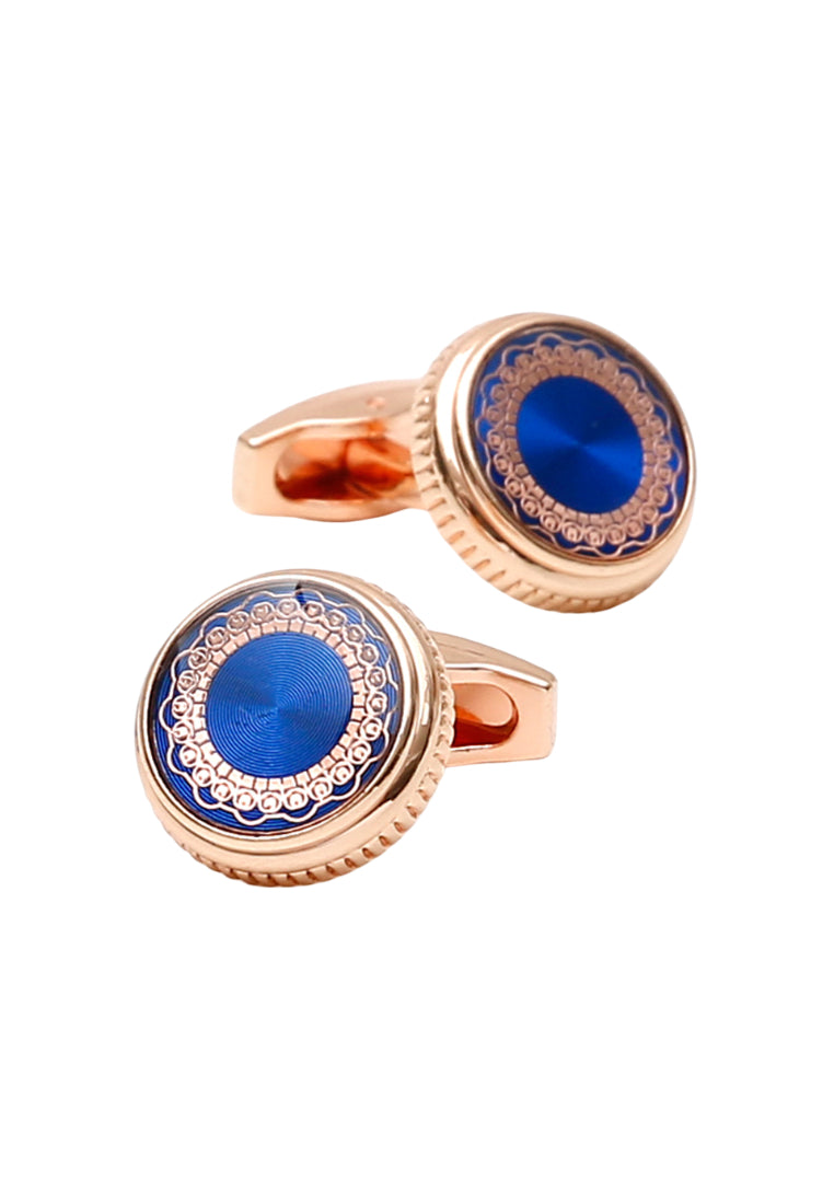 Pair Of French Simple Blue Pattern Round Rose Gold Men's Shirt Cufflinks Accessories