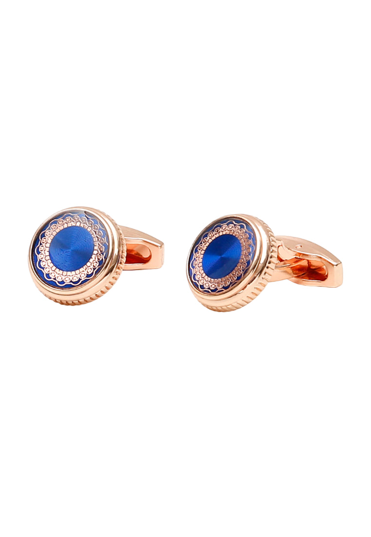 Pair Of French Simple Blue Pattern Round Rose Gold Men's Shirt Cufflinks Accessories