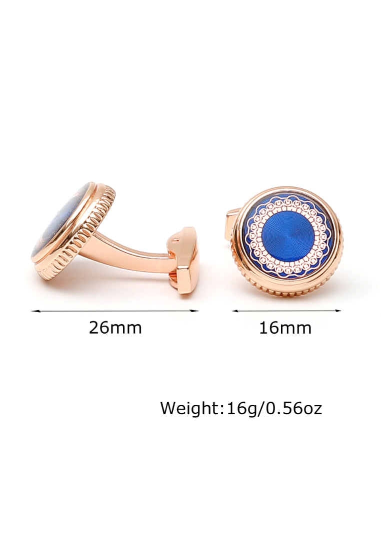 Pair Of French Simple Blue Pattern Round Rose Gold Men's Shirt Cufflinks Accessories