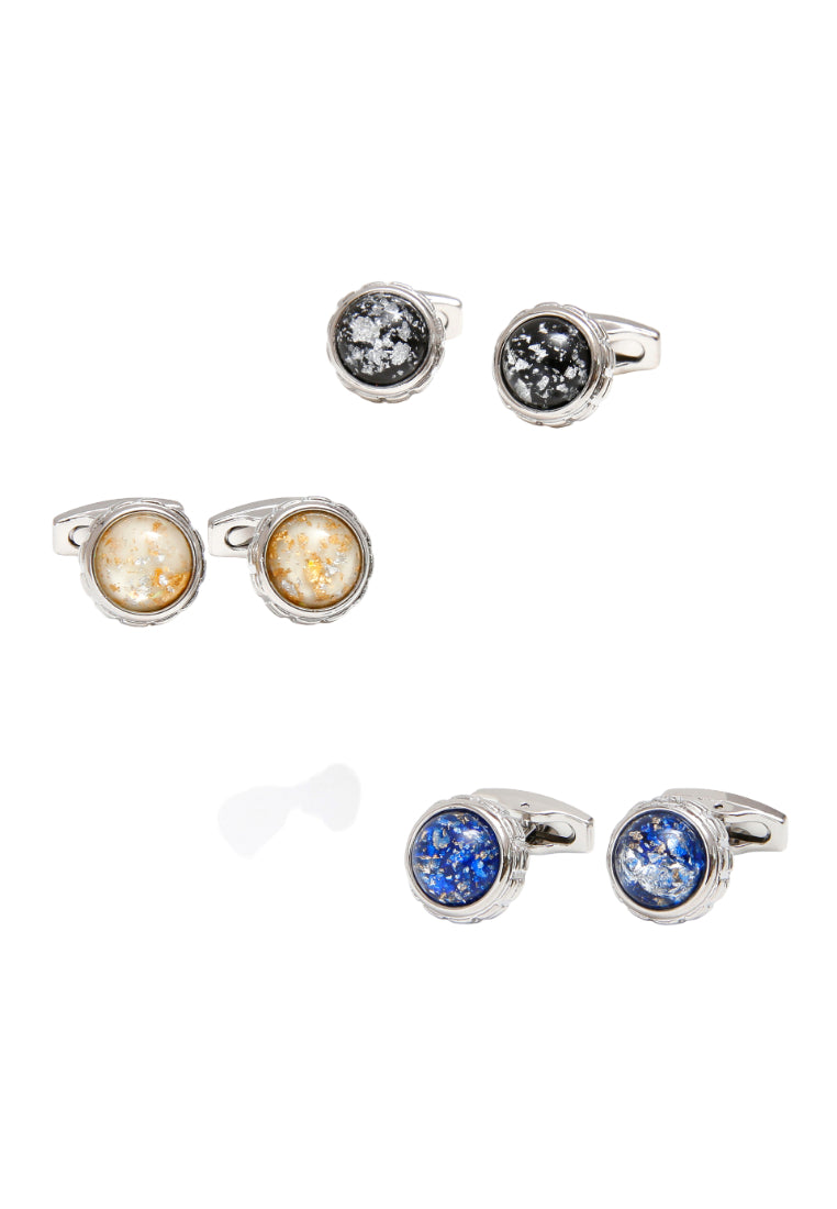 Pair Of Men's Cufflinks Art Design French Marble Pattern Round Silver Jewelry