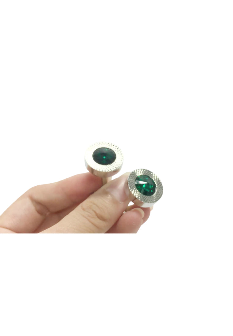 Pair Of Men's Cufflinks High Quality Light Luxury Green Crystal Round Silver Shirt Cuff Nail